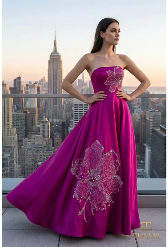 terani couture 261e6544 strapless floral applique evening gown fuchia 2